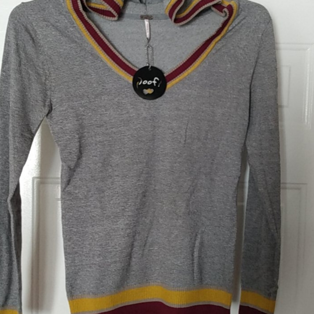 Gray Poof v-neck hoodie with gold &wine trim